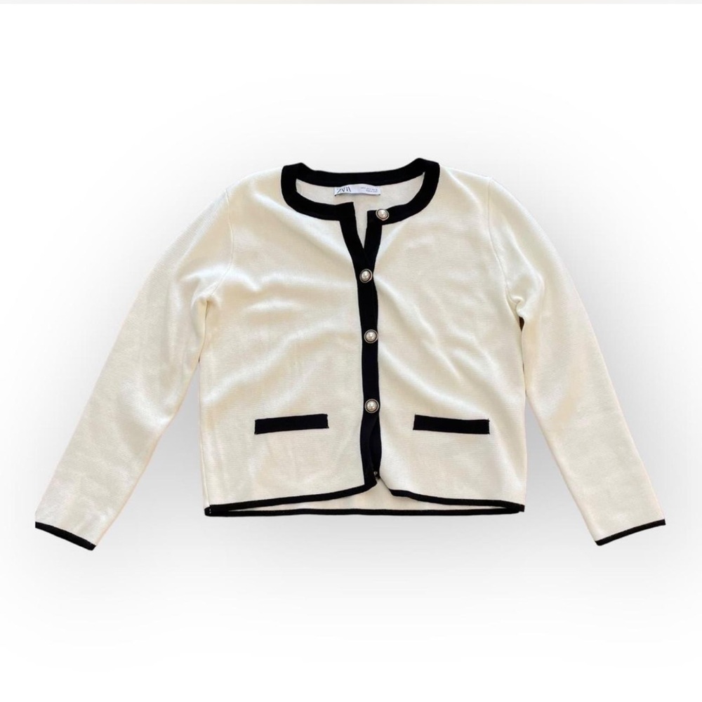 Zara Cream Cardigan Jacket with Black Trim